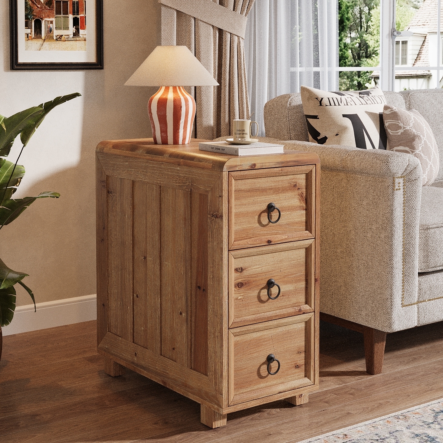 Solid Wood End Table for Living Room / Bedroom, Couch Side Table with 3 Drawers