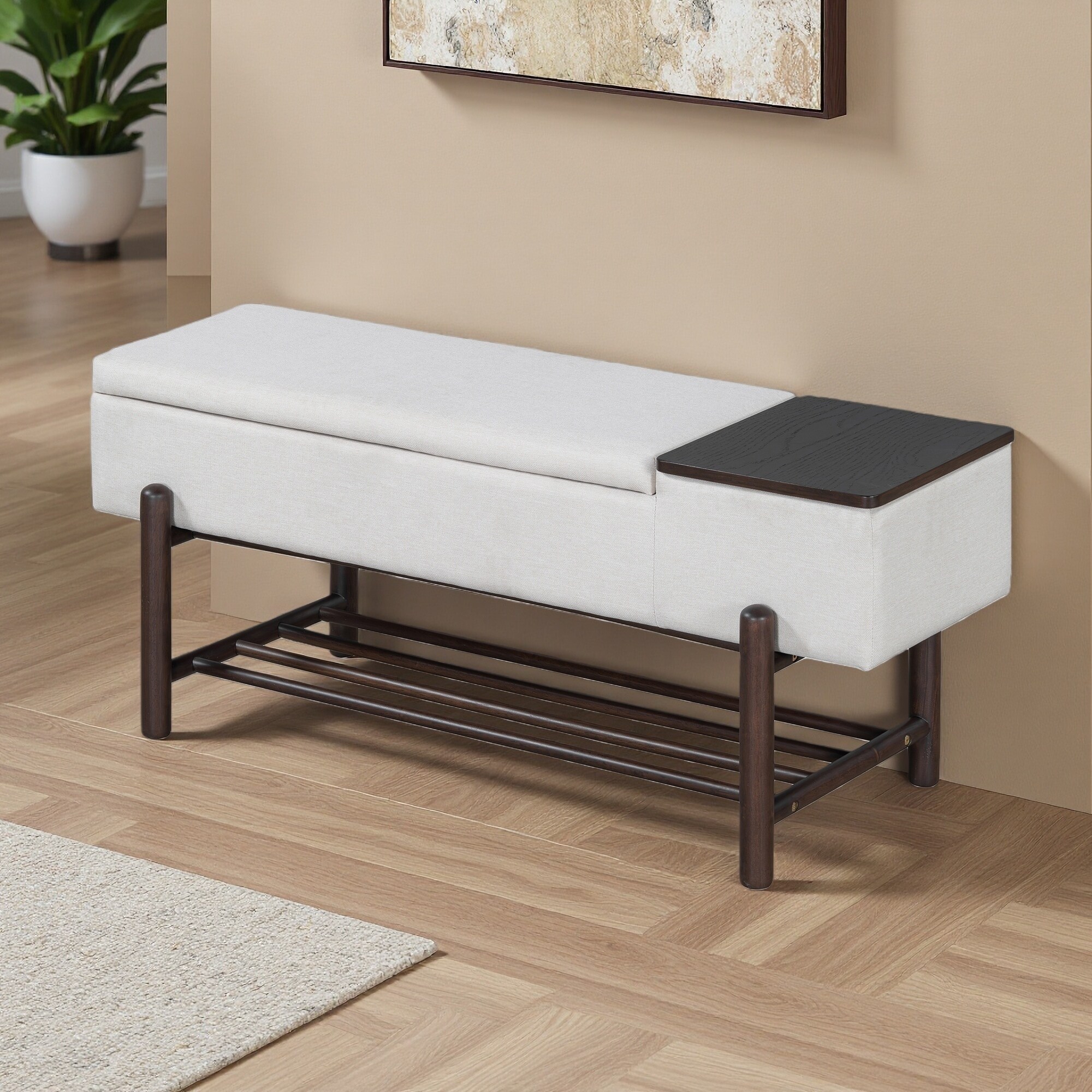 47.24"L Upholstered Storage Bench with Hidden Compartment, Rubber Wood Legs, and Safety Features for Entryway and Living Room