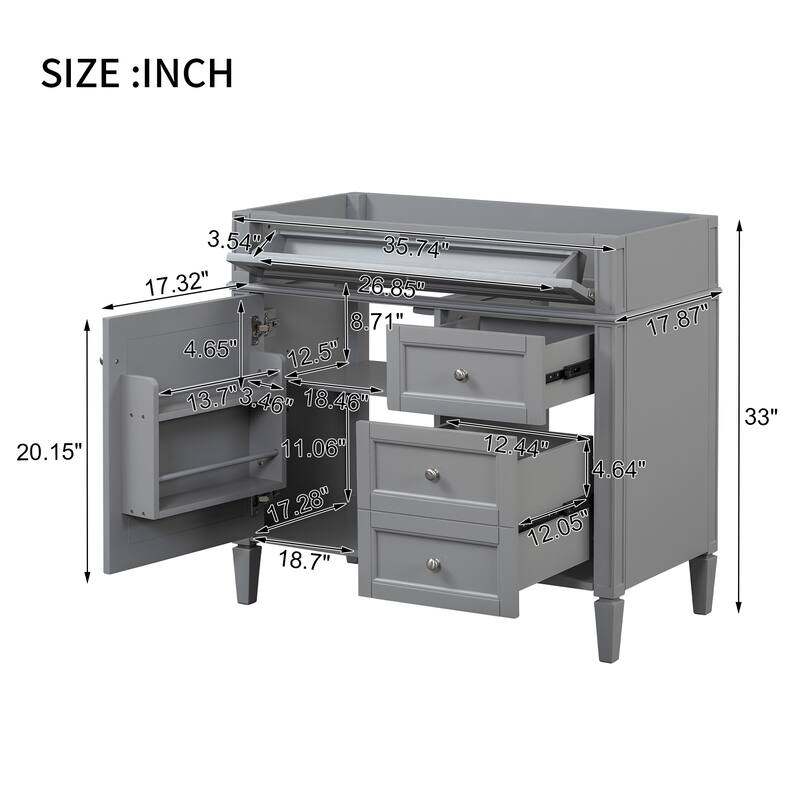 35.74-Inch Modern Bathroom Vanity with 3 Drawers, Tip-Out Drawer, Adjustable Shelf, and Exquisite Roman Leg Design