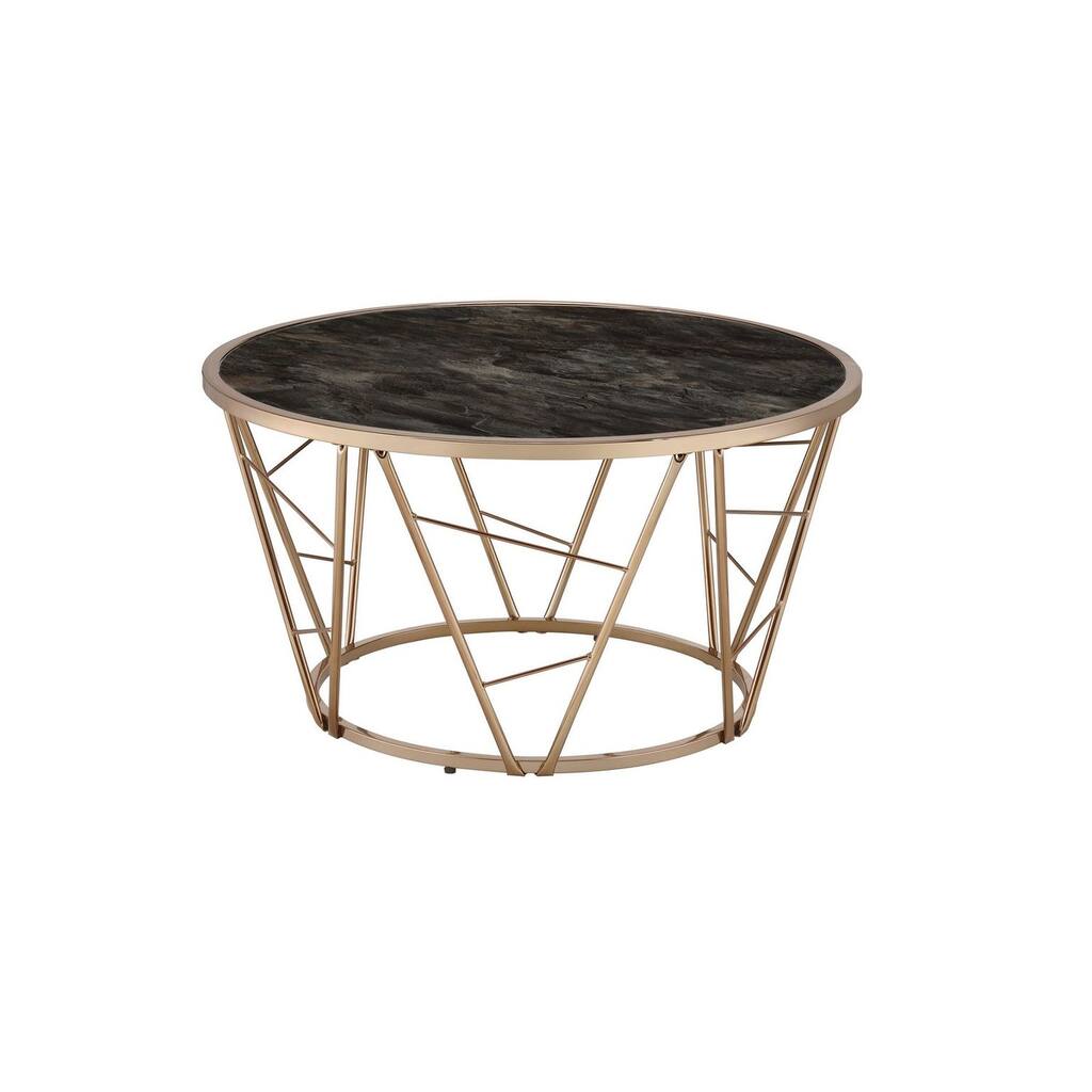 Round Coffee Table, Faux Black Marble Glass & Champagne Finish Metal Cone Base Tempered Glass Top,Size:33"Dia x 18"H