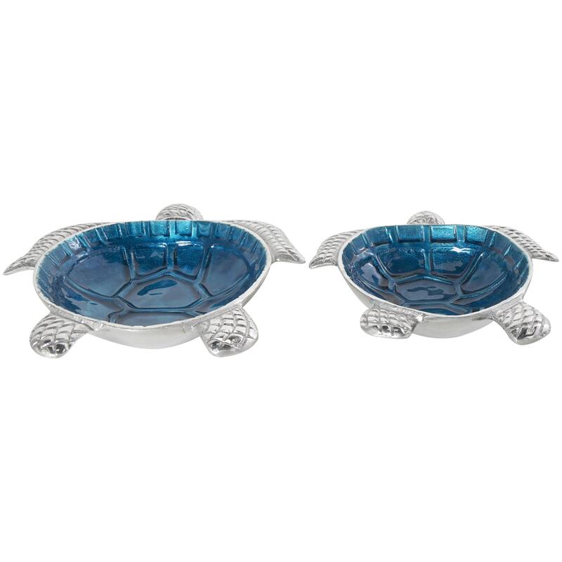 Aluminum Metal Turtle Handmade Enameled Decorative Bowl with Silver Exterior - Set of 2 White, Teal, Blue - Roche River Decor