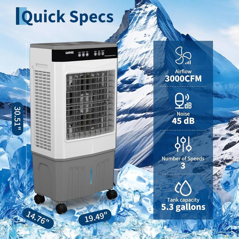 5.3 Gal 3000 CFM Portable Cooling Fan, Evaporative Air Cooler with Touch Screen, Remote for Bedroom, Home, Office