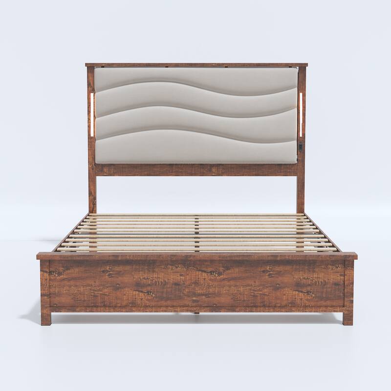 King Size bed Frame with Upholstered Headboard, King bed Frame with Charging Station and LED Lights, Wood Slats