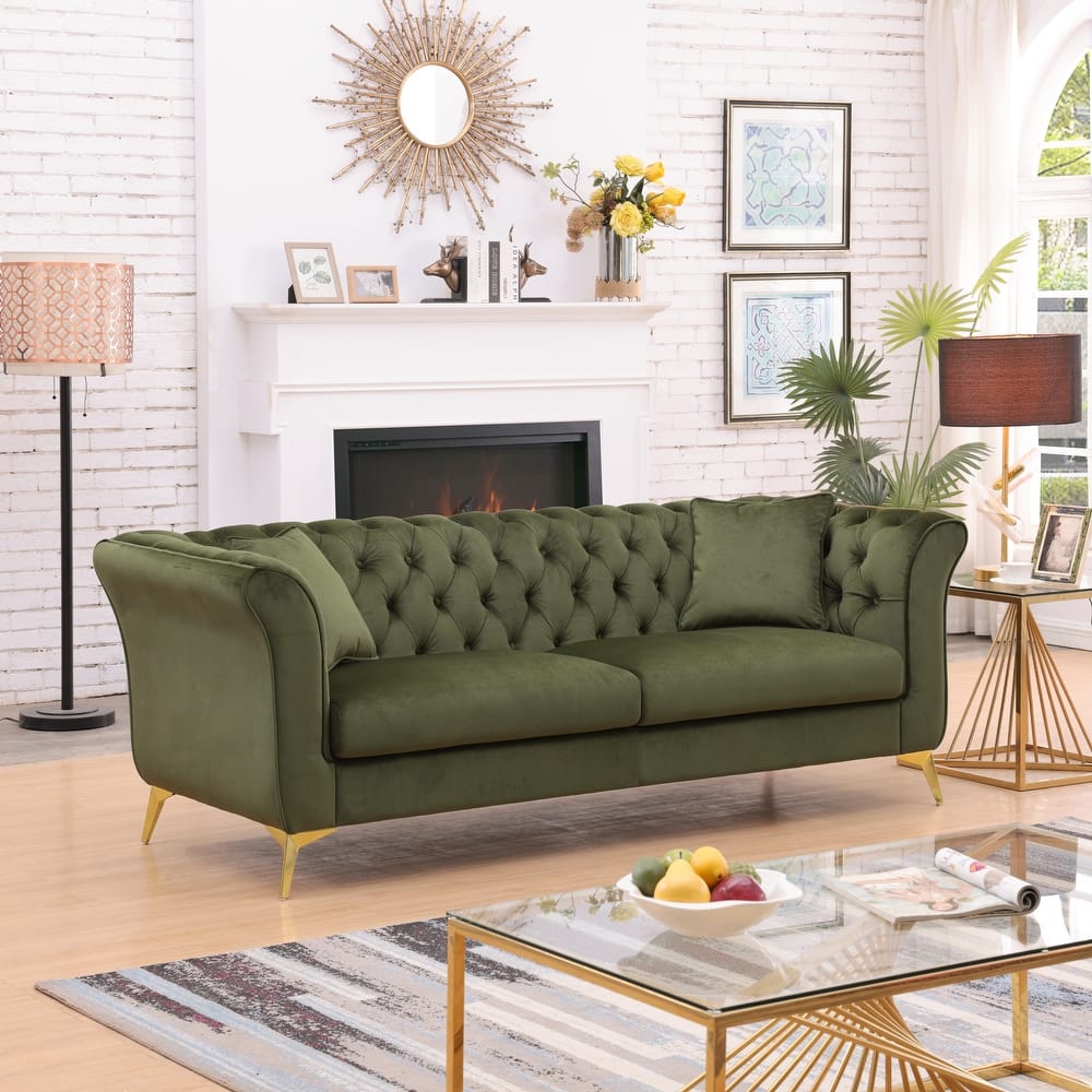 Chesterfield Velvet Upholstered 3 Seater Sofa, Tufted Button Deep Seat Sofa, Stanford Sofa with Scroll Arms & Scroll Back