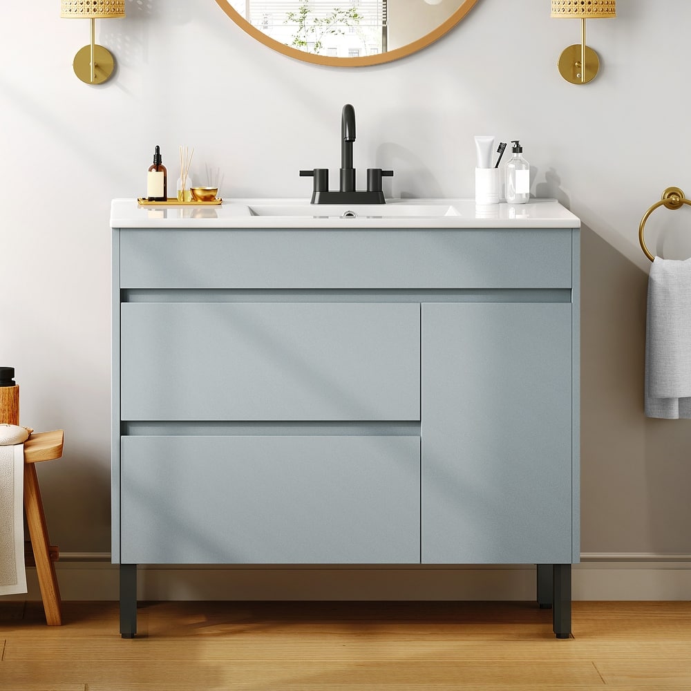 Moasis 36 Inch Freestanding Bathroom Vanity with Ceramic Sink 1 Cabinet and 2 Drawers