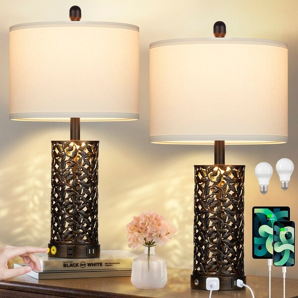 Cinkeda Modern Table Lamp Set of 2 with USB Ports AC Outlet 3 Way Dimmable Touch Nightlight Black Vintage Floral Bedside Nightstand Lamps for Living