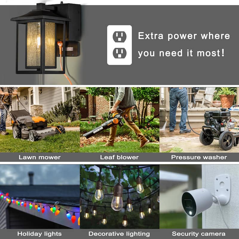 1 Light Black Dusk to Dawn Sensor Glass Outdoor Wall Sconces Built-in GFCI Outlets - W 6.3"