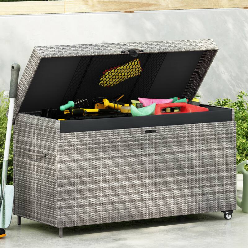 Black Heavy Duty Wicker Deck Box with 4 Wheels, Lockable Lid and Bench for Patio Poolside and Garden​