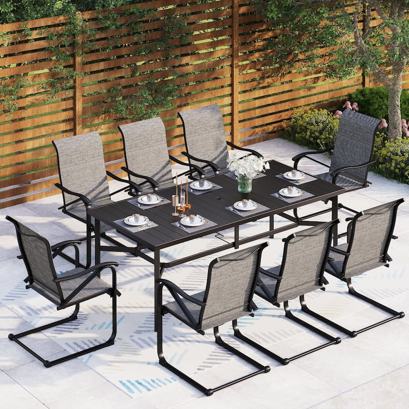 MAISON ARTS 9 Pieces Patio Dining Set, 1 piece Metal Table and 8 pcs C Spring Dining Chairs - non padded