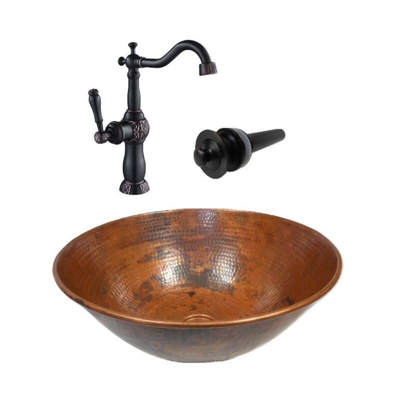 14" Round Natural Copper Vessel Sink, 13" Faucet & LT Drain Included - 14' x 14' X 5.5'