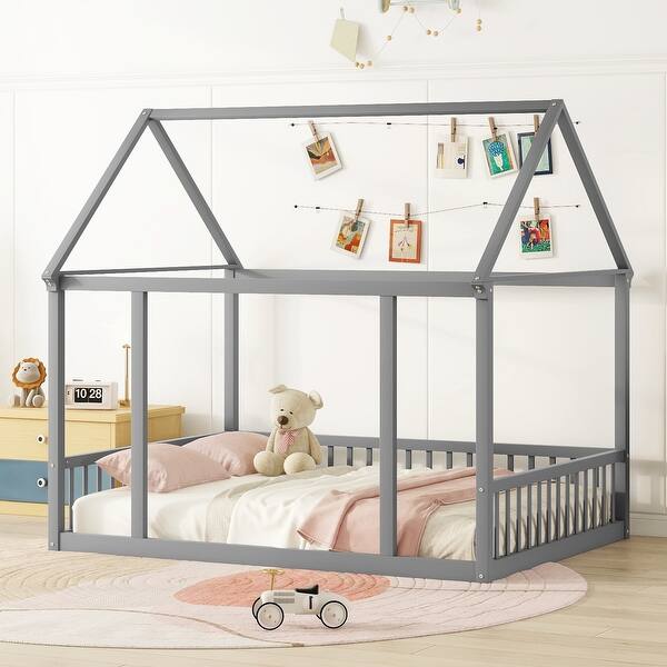 slide 2 of 10, Full Size Floor Wooden Bed with House Frame & Safety Guardrails Grey