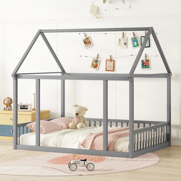 slide 2 of 10, Full Size Floor Wooden Bed with House Roof Frame and Safety Guardrails Gray