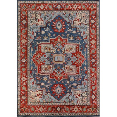 Geometric Blue Heriz Serapi Oriental Area Rug Hand-Knotted Wool Carpet - 9'0" x 12'0"