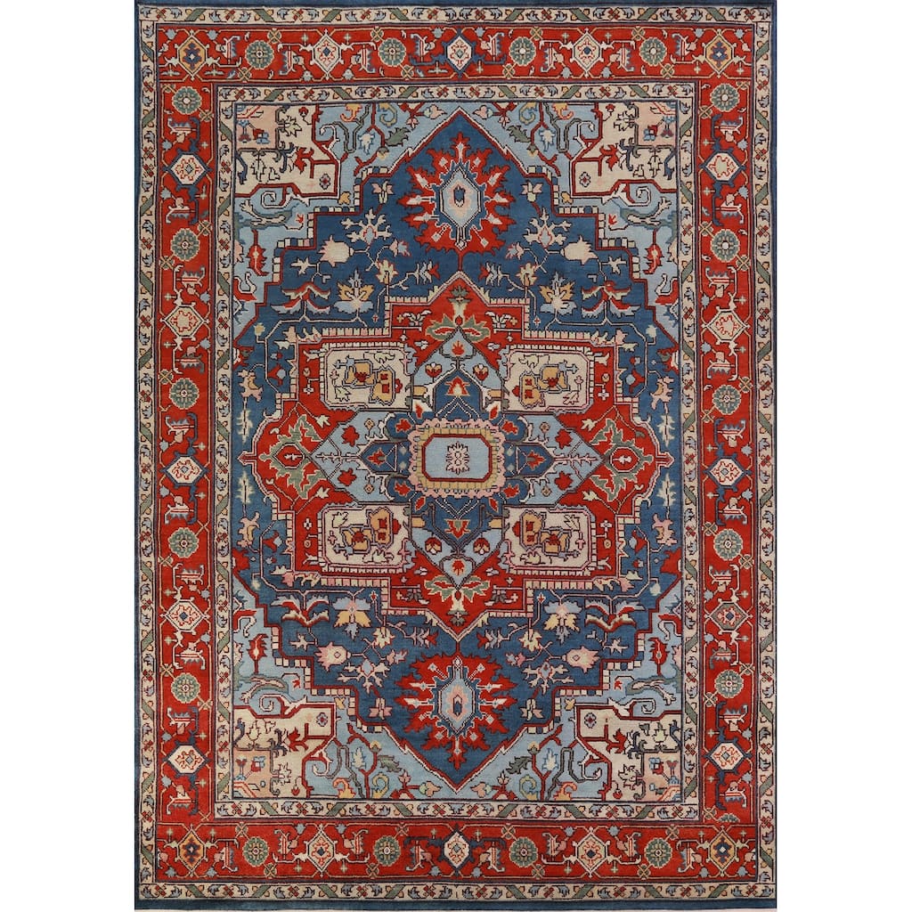 Geometric Blue Heriz Serapi Oriental Area Rug Hand-Knotted Wool Carpet - 9'0" x 12'0"