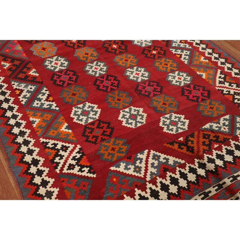 Red Kilim Qashqai Persian Vintage Rug Flatweave Oriental Wool Carpet - 5'2"x 7'6"