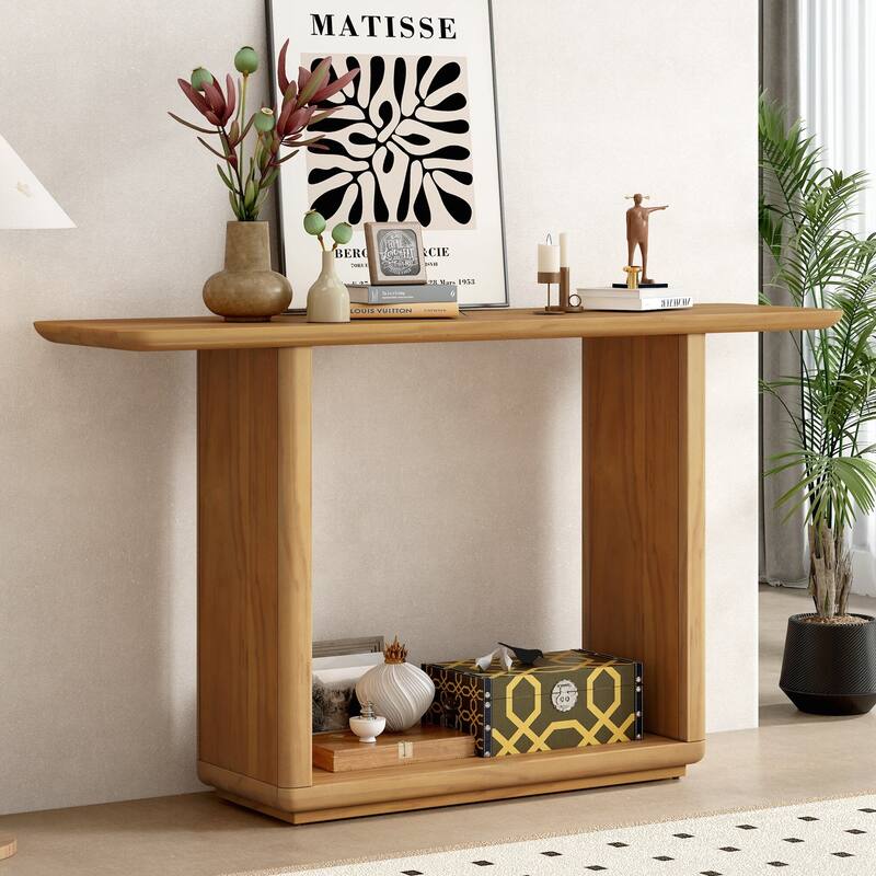 Elegant Minimalist Console Table with Curved Corners,Natural Wood Veneer,U-Base Design for Easy Placement - Brown