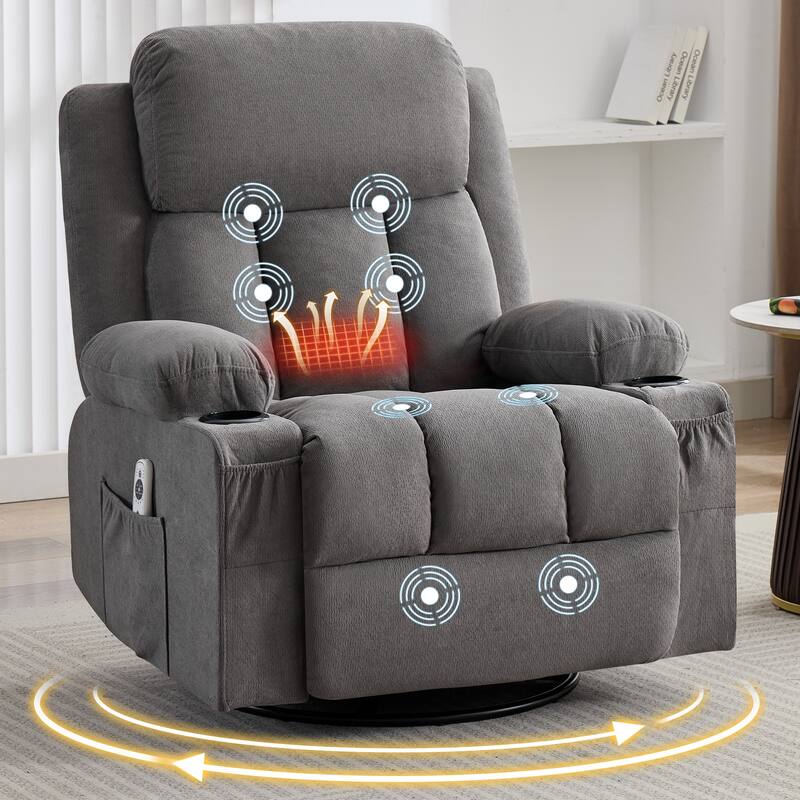 Swivel Rocker Recliner Chair with Vibration Massage and Heat, with Rocking and Side Pocket, USB Charge Port, 2 cup holders