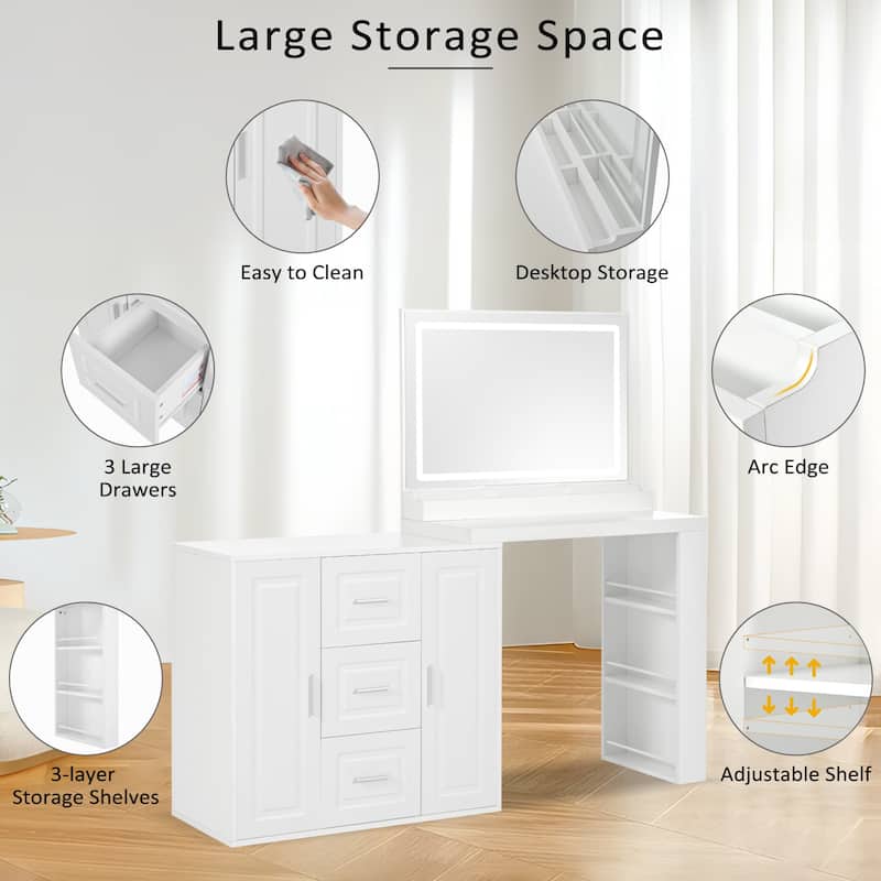 59"Makeup Vanity Desk with Mirror,Vanity Mirror with Lights,Dressing Table with 3 Drawers and 2 Cabinets,Storage Shelves
