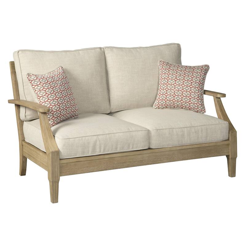 Traditional Wooden Loveseat with Fabric Cushioned Seating, Beige and Brown
