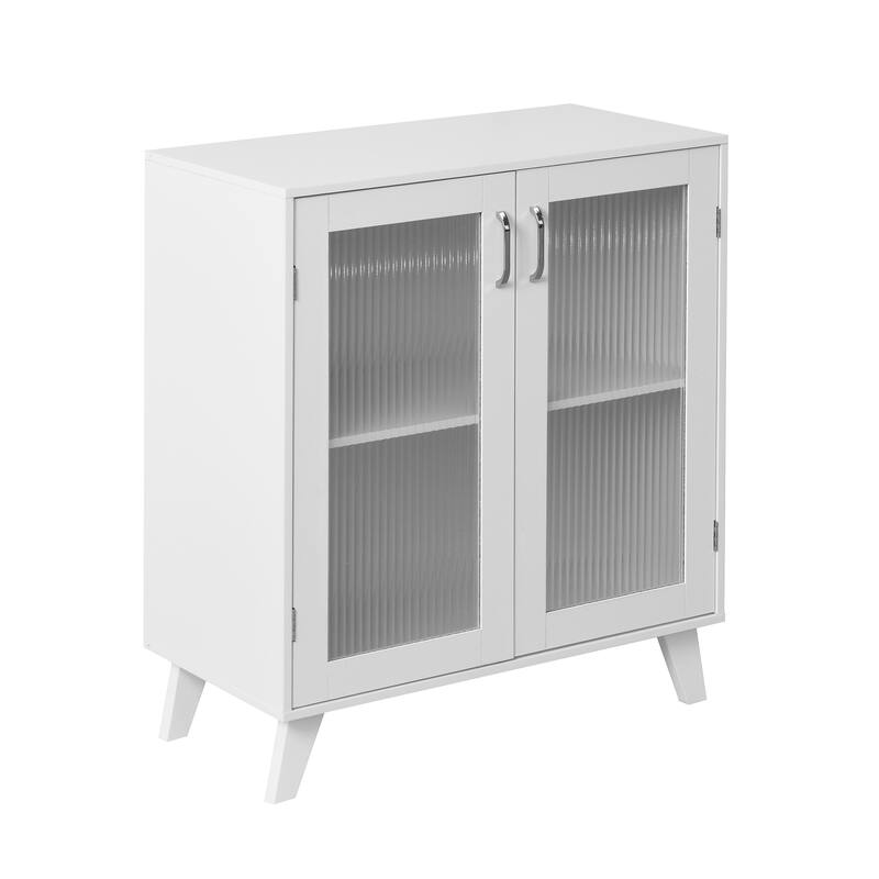 Anmytek Fluted Glass Double Door Cabinet White Modern Cabinet Storage Sideboard with Tapered Legs