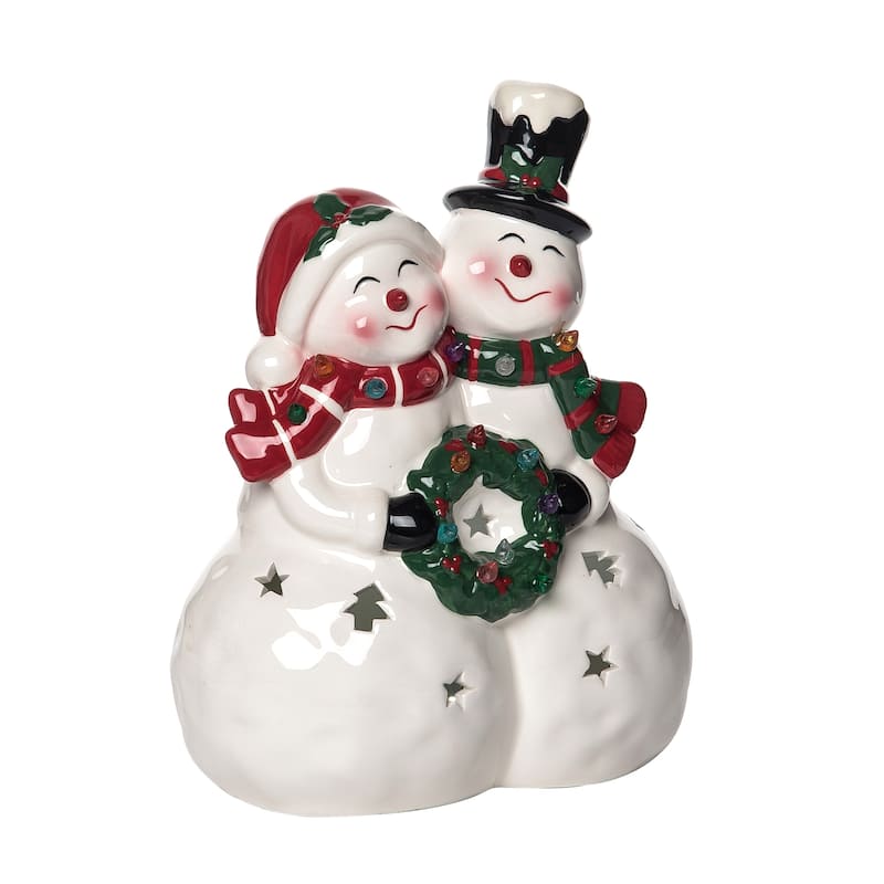 Transpac Ceramic 10.25 in. White Christmas Light Up Snow Couple