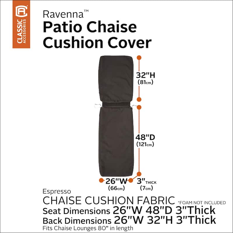 Classic Accessories Ravenna Water-Resistant Patio Chaise Cushion Cover, 80 x 26 x 3 Inch