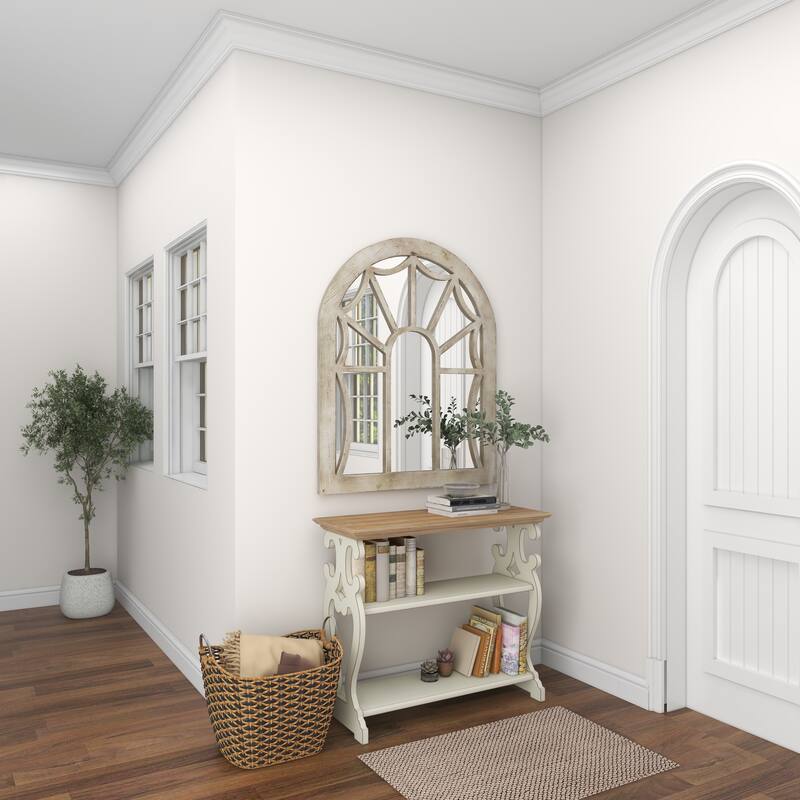 Wood Window Pane Inspired Room Wall Mirror with Arched Top - Cream - Roche River Decor