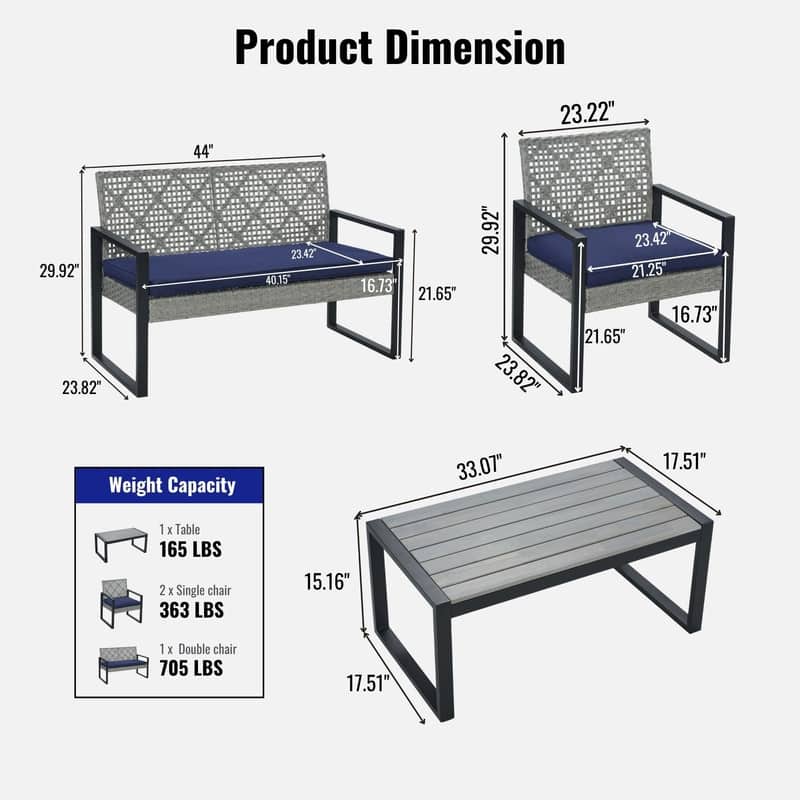 4-Piece Patio Furniture Set Outdoor Balcony Porch Garden Backyard Lawn Furniture Acacia Wood Table Top