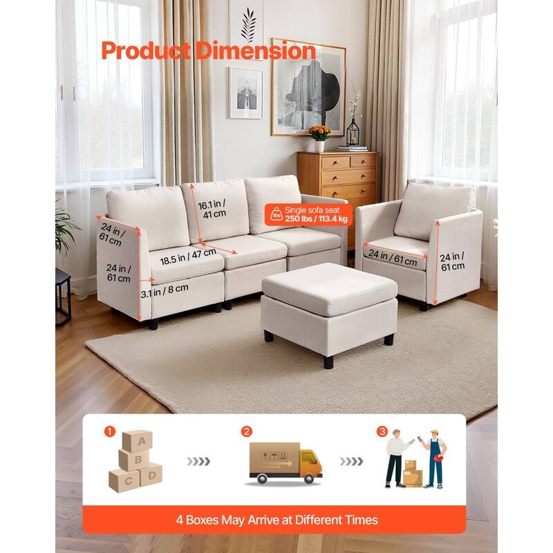 Beige Cotton-Linen Modular Sectional Sofa with Storage, Kid-Friendly Cushions and Wood Frame