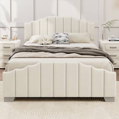 Queen Size Velvet Upholstered Platform Bed w/ Vertical Channel Tufted Headboard and Footboard, Beige