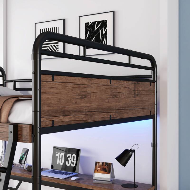 Full Size Metal Loft Bed with Desk, LED Light, and Charge Station