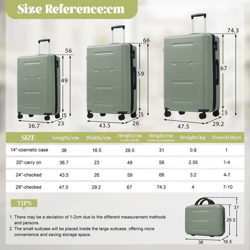 6 Piece Luggage Set, with Double Spinner Wheels Handle Password Lock, 14 IN Cosmetic Case 20/24/28 IN Luggages with Bag