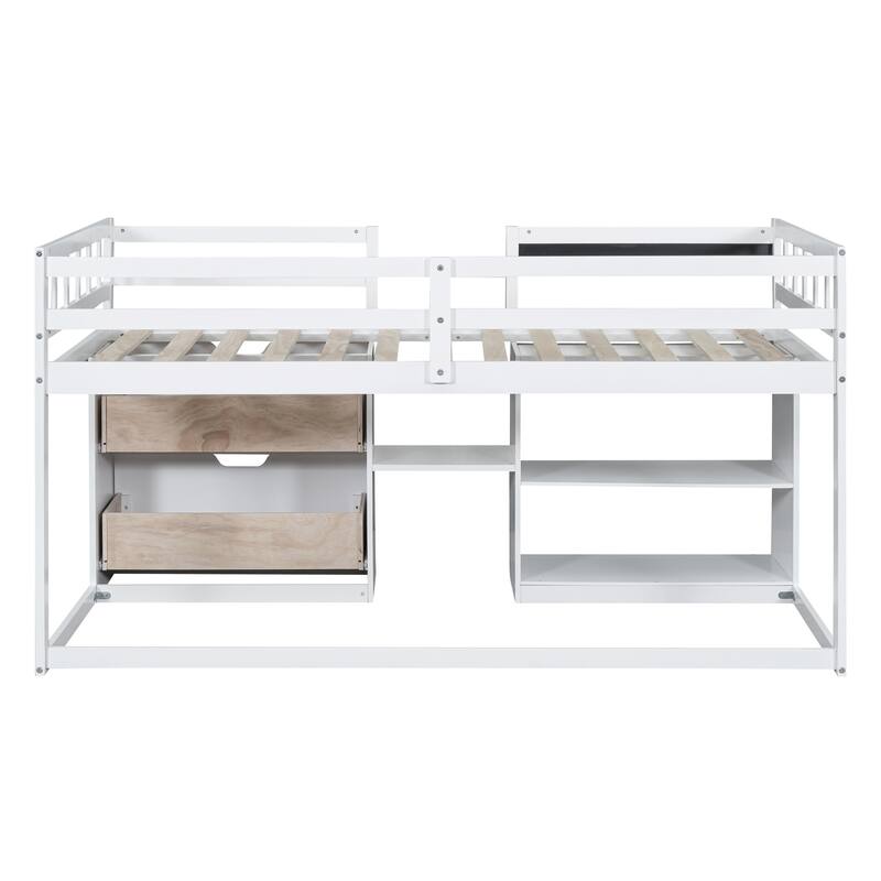 Twin Size Low Loft Bed with Rolling Desk, Storage Drawers, and Shelf