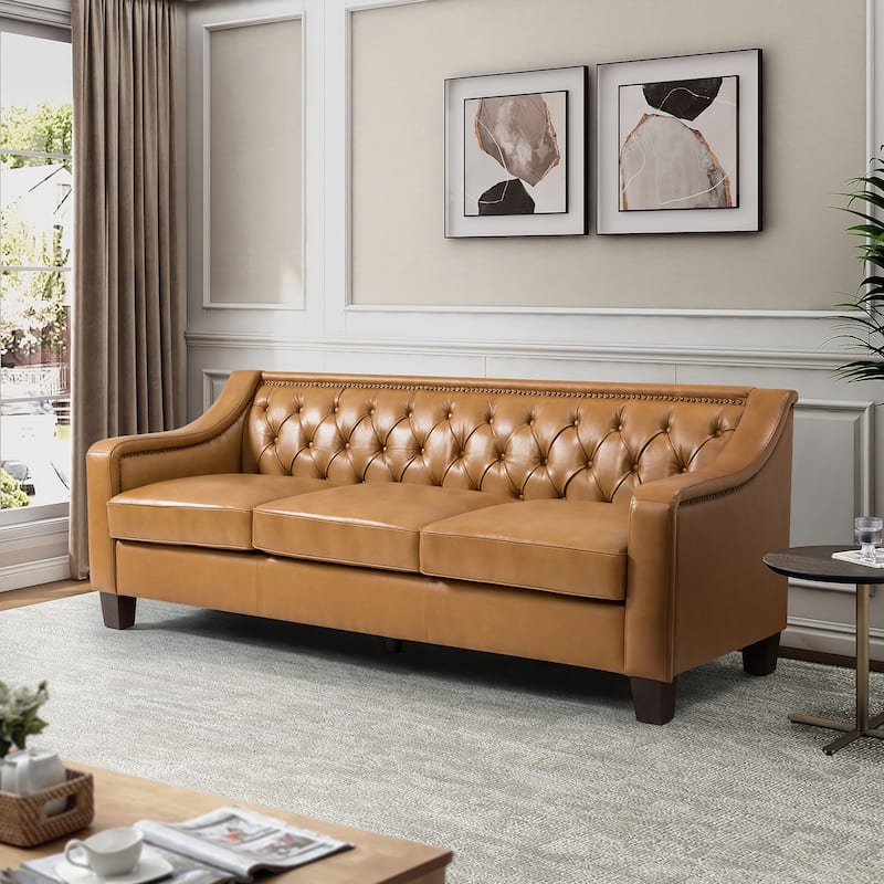 Mateo 82.28" Wide Transitional Genuine Leather Sofa with Nailhead Trim and Button-Tufted Back
