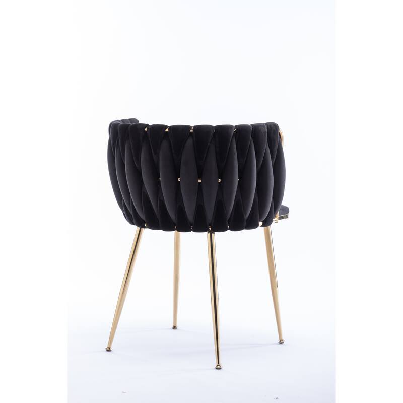 Velvet Fabric Dining Chairs Set of 2, Ergonomic Upholstered Lounge Chair, Accent Chairs with Woven Back & Metal Legs