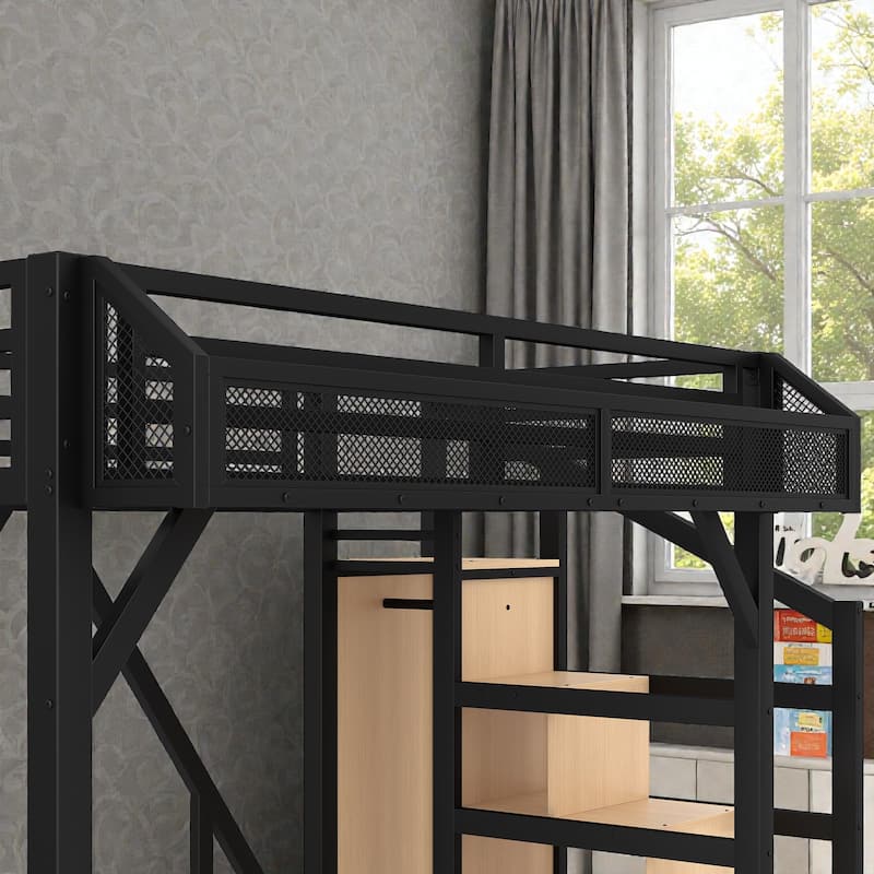 Metal Loft Bed with Storage Stairs, Wardrobe and Shelves, USB Ports and LED Lights, Noise Reduced Frame