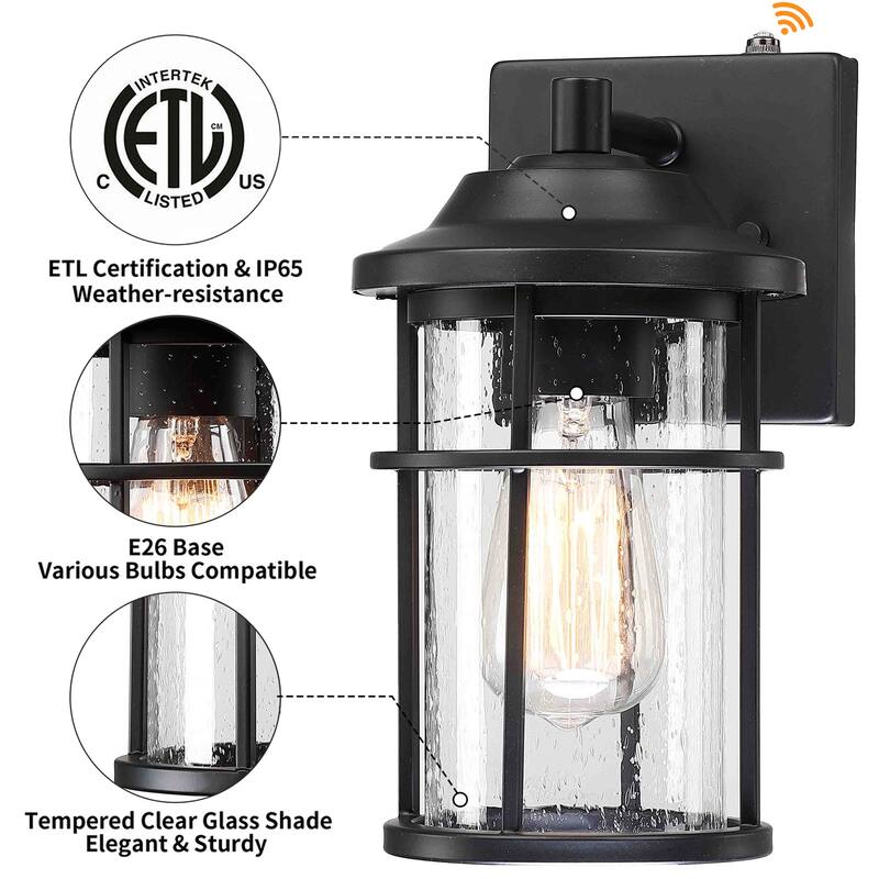 1-Light Matte Black Metal Outdoor Dusk to Dawn Light Seeded Glass Shade