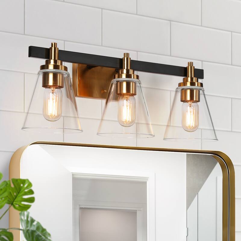 3-Light Mid-Century Modern Black Gold Bathroom Vanity Lights Clear Glass Wall Sconces