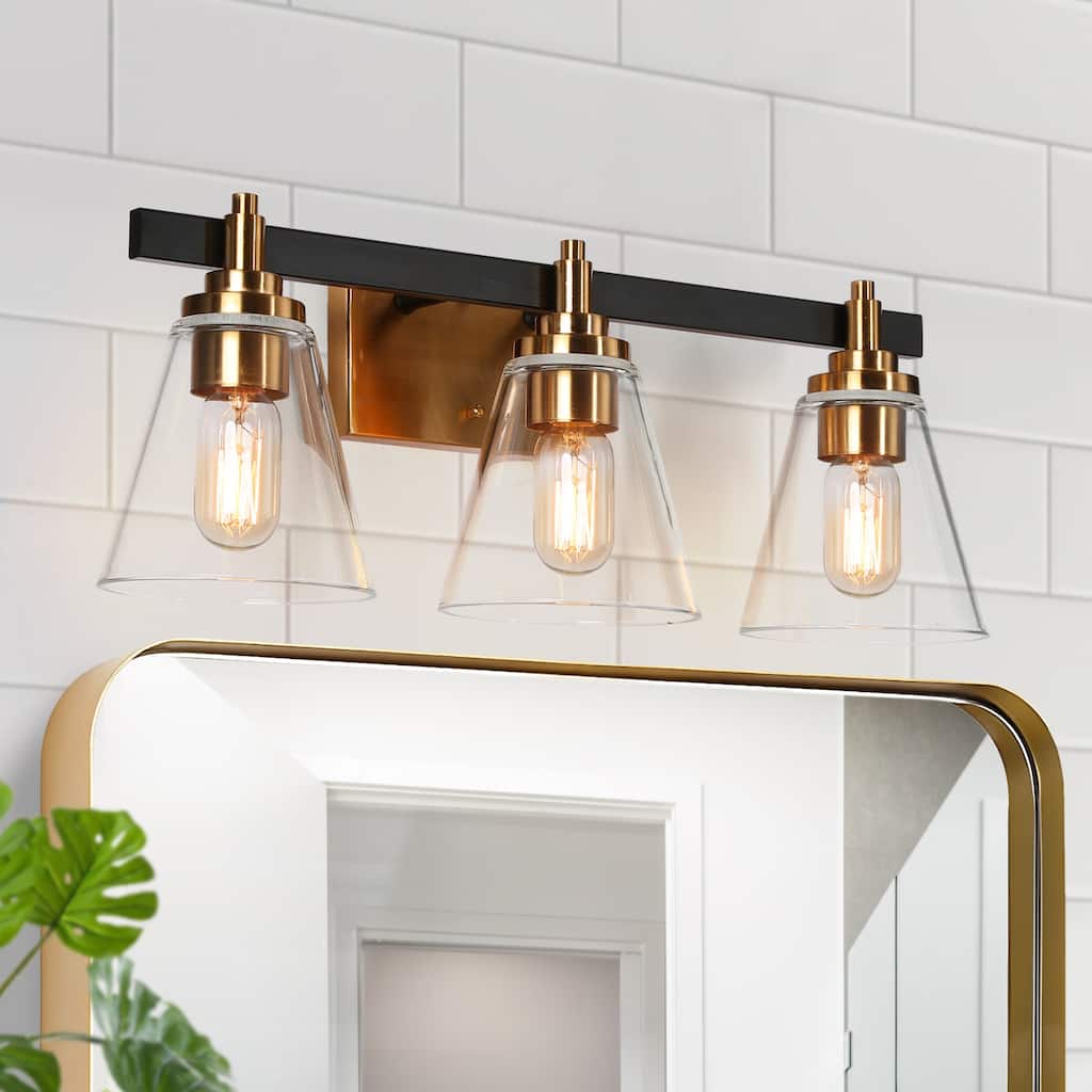 3-Light Mid-Century Modern Black Gold Bathroom Vanity Lights Clear Glass Wall Sconces