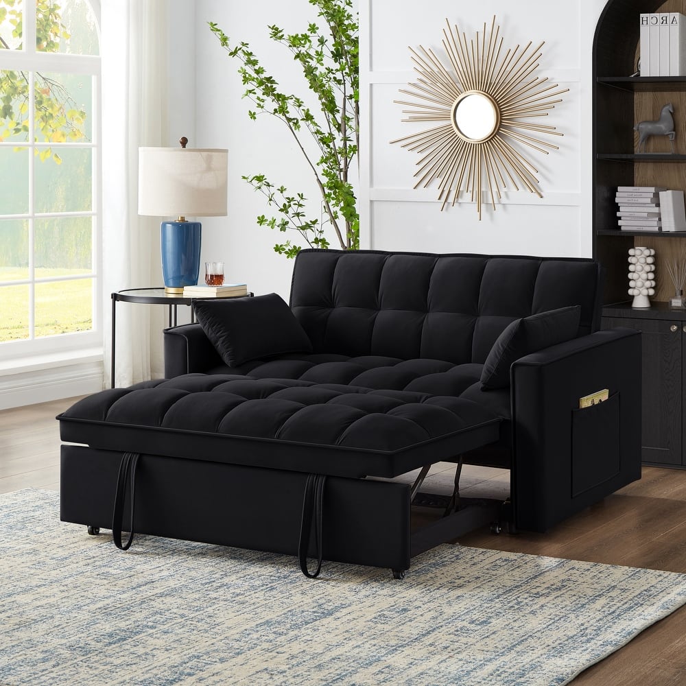 Black Modern 52.5" Velvet 4 in1 Loveseat Multi-Function Tufted Pull-Out Sofa Bed with Adjustable Backrest and Pillows