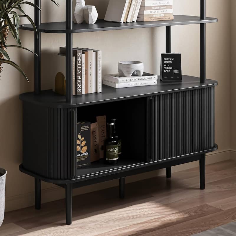 Bookshelf with Sliding Tambour Doors, Mid Century Modern Bookshelf with Storage, Wooden Open Display Shelf