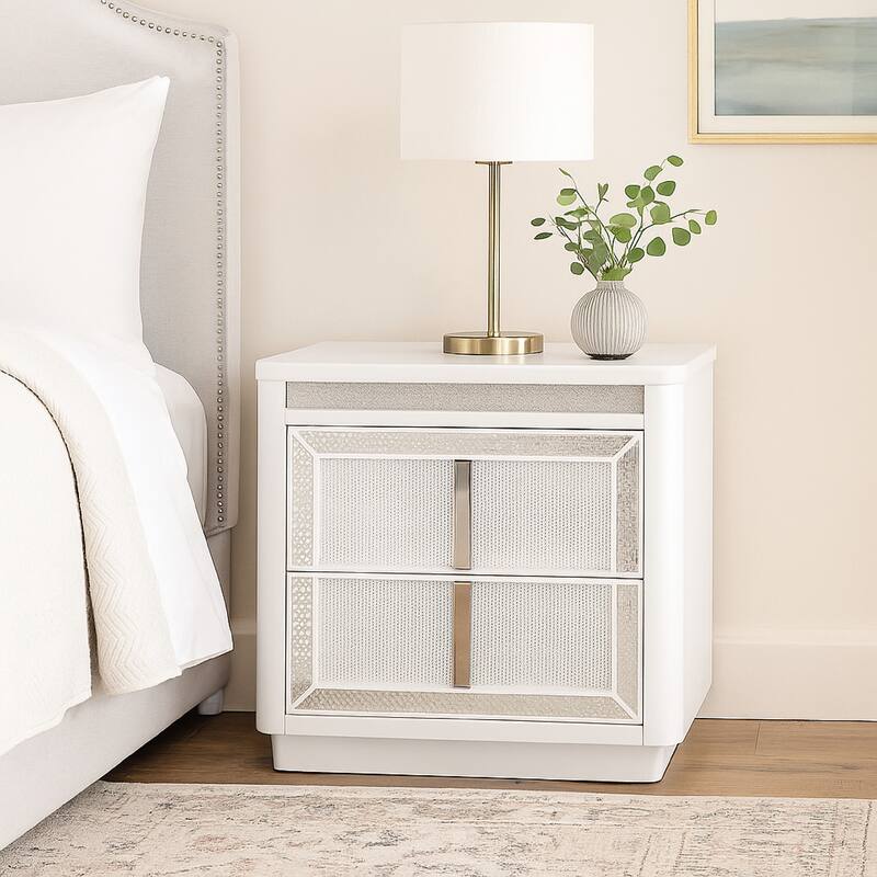 Canaal Nightstand, 2 Drawer, White Solid Wood, 28 Inch, LED Light