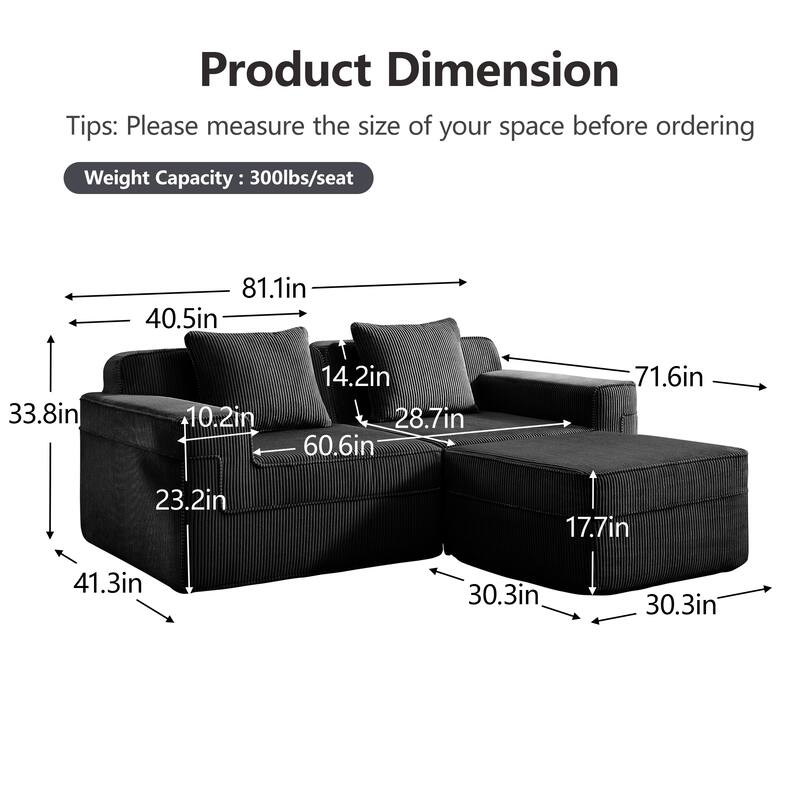 2 Seat L Shape Sectional Sofa, Cloud Sofa Couch with Deep Seat, Loveseat Sofa with Throw Pillows and Movable Ottoman