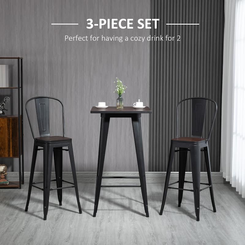 HOMCOM 3 Piece Bar Table Set with 1 Table, 2 High Back Chairs and Metal Frame with Footrests for Home