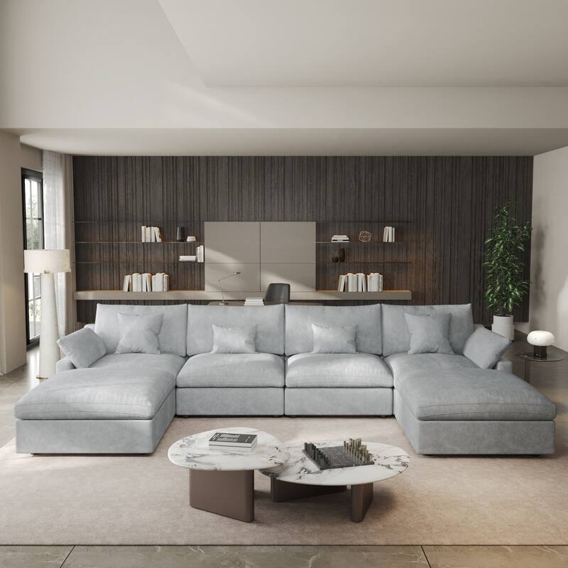 Minimalist Linen Sectional Sofa Down Filled Cloud Couch, U-Shape Deep Seat Couch with Cushions
