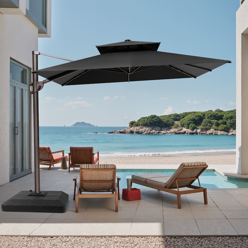 Outdoor Patio Dual Top Cantilever Umbrella with 4-Piece Fillable Weighted Base - Black