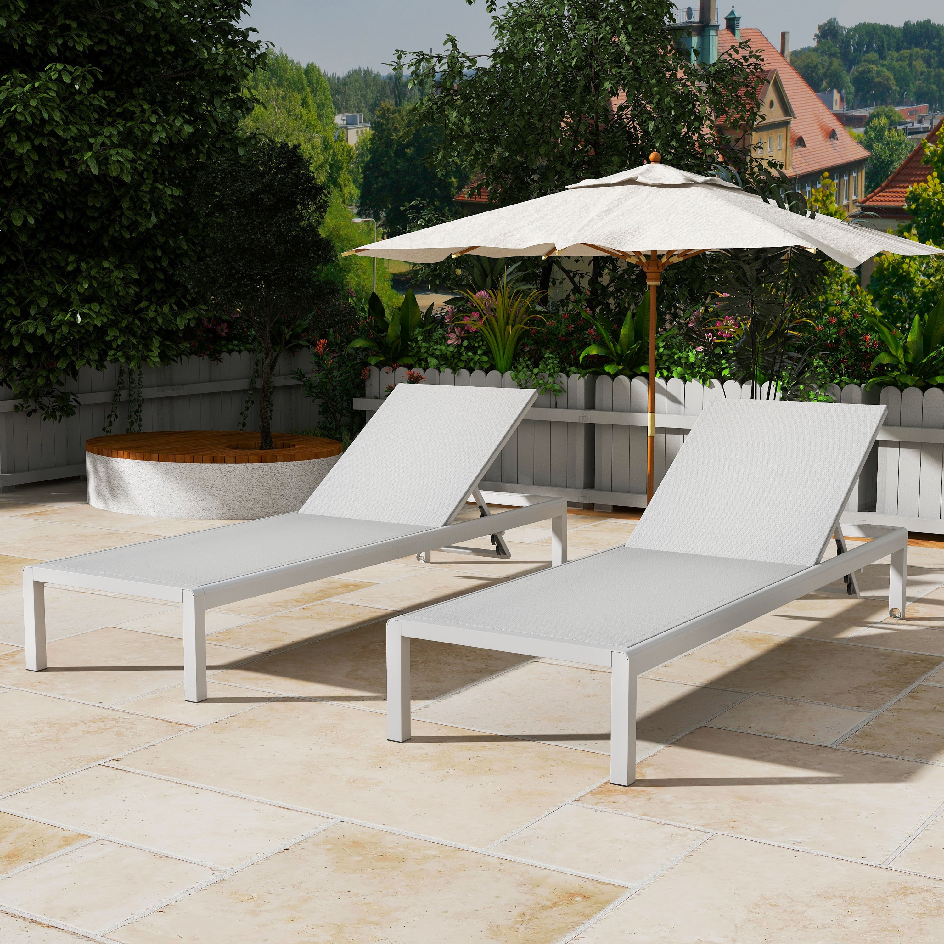Outdoor Chaise Lounge Chair Set of 2, Aluminum Adjustable Pool Chair Patio Reclining Sunbathing Lounger with Wheels