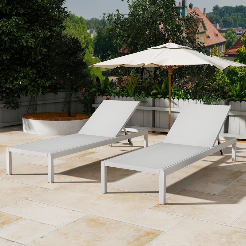 Roomfitters Outdoor Reclining Chaise Lounge Chairs, Set of 2, Adjustable Aluminum Frame, White