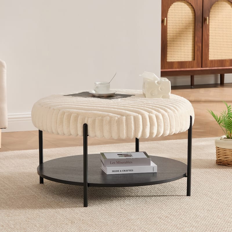 30.9"W Upholstered Coffee Table Ottoman,Round Coffee Table Bench with Storage Shelf and Metal Legs - Beige