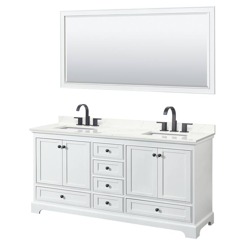 Deborah 72-inch Double Vanity, Quartz Top, 70-inch Mirror - White, Black Trim, Giotto Quartz Top